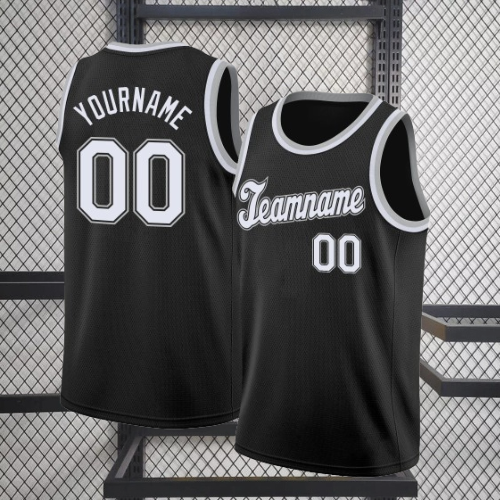 Black White-Gray Custom Name & Number Round Neck Rib-Knit Basketball Jersey