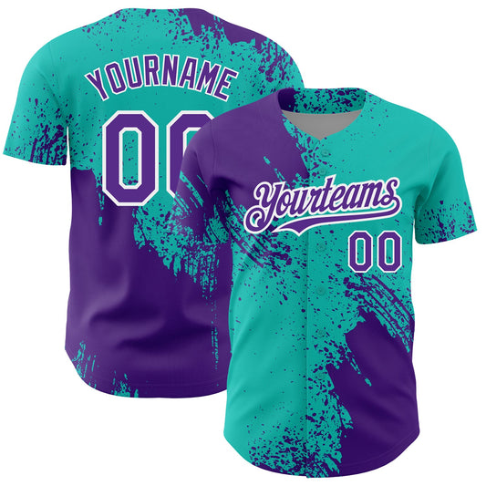 Custom Aqua Purple-White 3D Pattern Design Abstract Brush Stroke Baseball Jersey All-Over-Printed