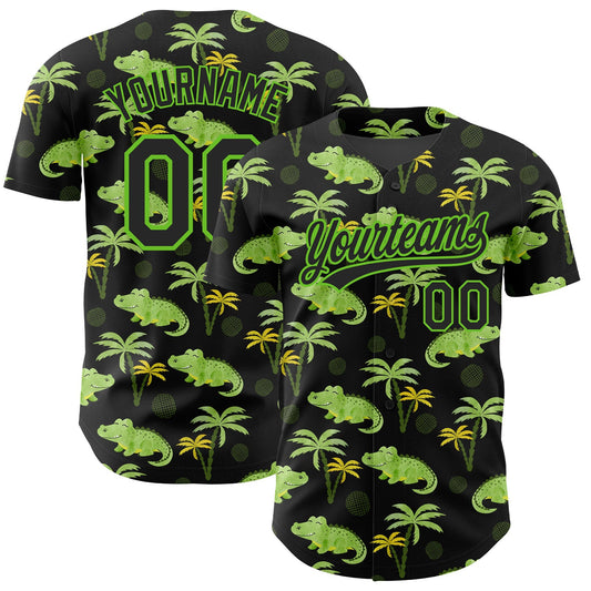 Custom Black Aurora Green 3D Pattern Design Crocodile And Tropical Hawaii Palm Trees Baseball Jersey All-Over-Printed