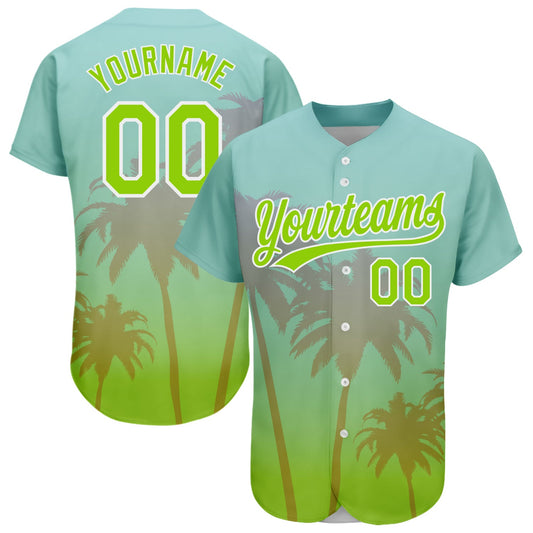 Custom Aqua Neon Green-White 3D Pattern Design Hawaii Palm Trees Baseball Jersey All-Over-Printed